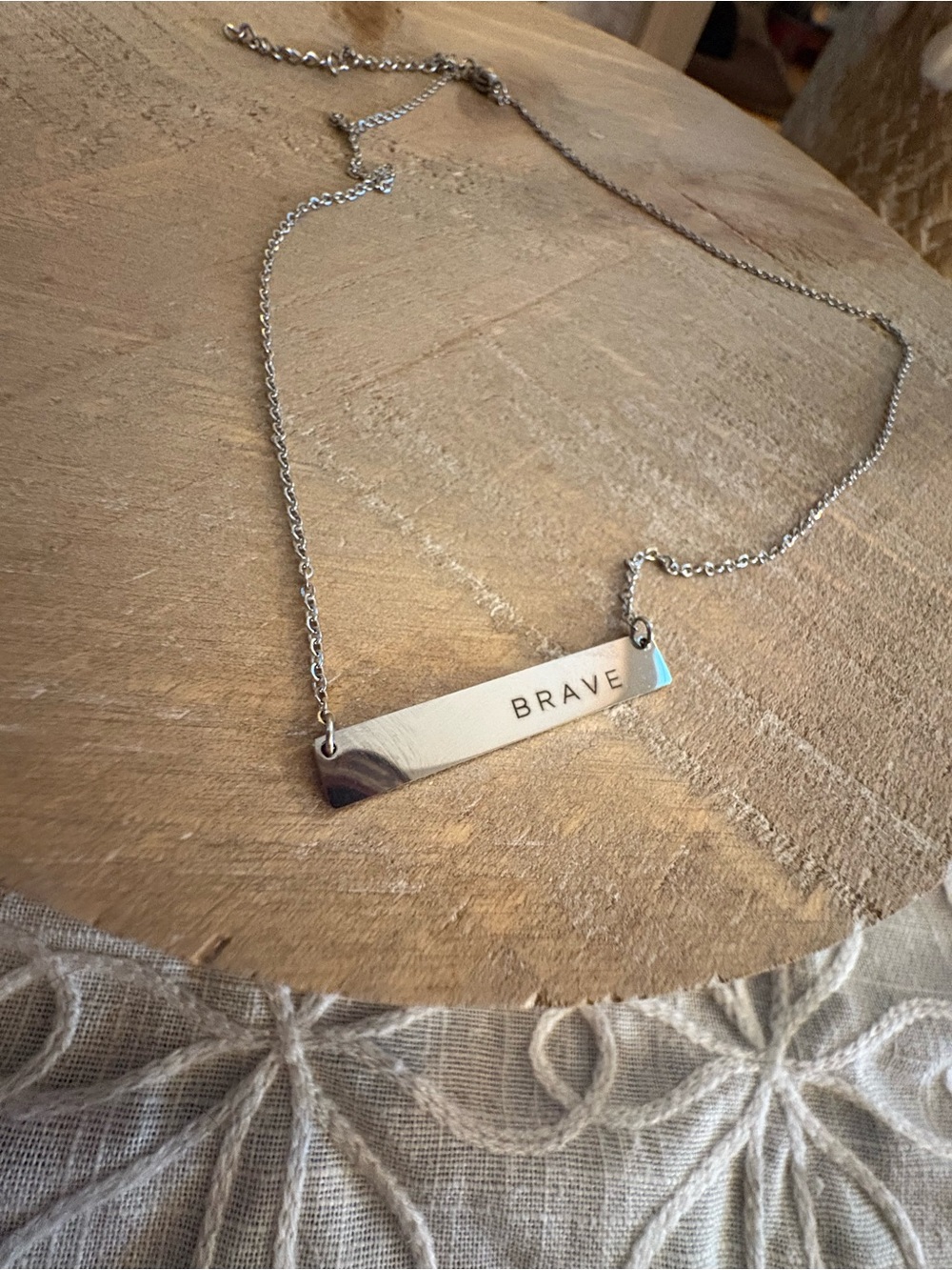 Engraved BRAVE Horizontal Bar Necklace in Stainless Steel Silver